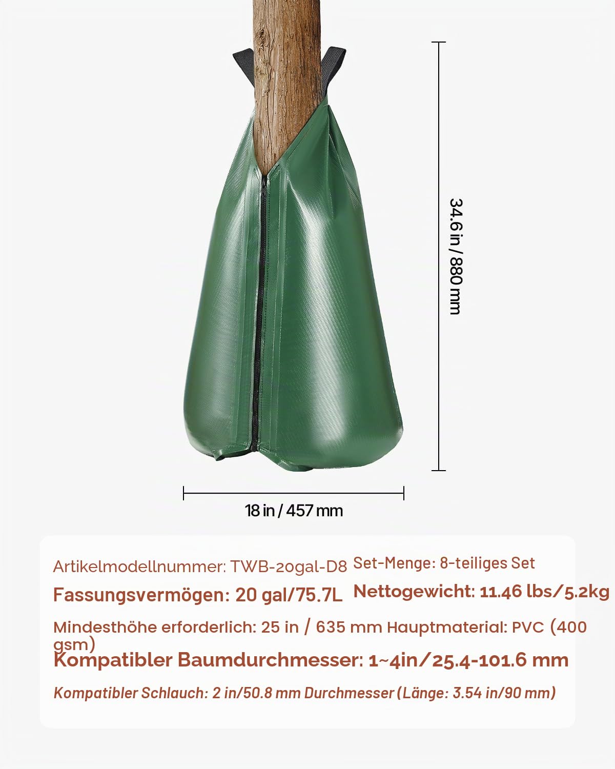 VEVOR Baumbewässerungsbeutel, 8er-Set 75 L Bewässerungsbeutel für Neue Bäume, 5–9 Stunden langsame Freisetzung, Bewässerungssack mit Reißverschluss, Baumbewässerungssystem für tiefes Wurzelmanagement