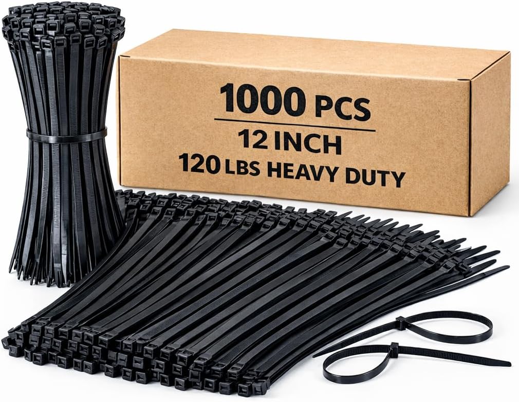 Black Zip Ties 12 Inch Heavy Duty 120 lb Tensile Strength, 0.3" Thick Nylon 66 Cable Ties, UV Resistant Self Locking Wire Ties for Outdoor Use, Bulk 1000 Pack
