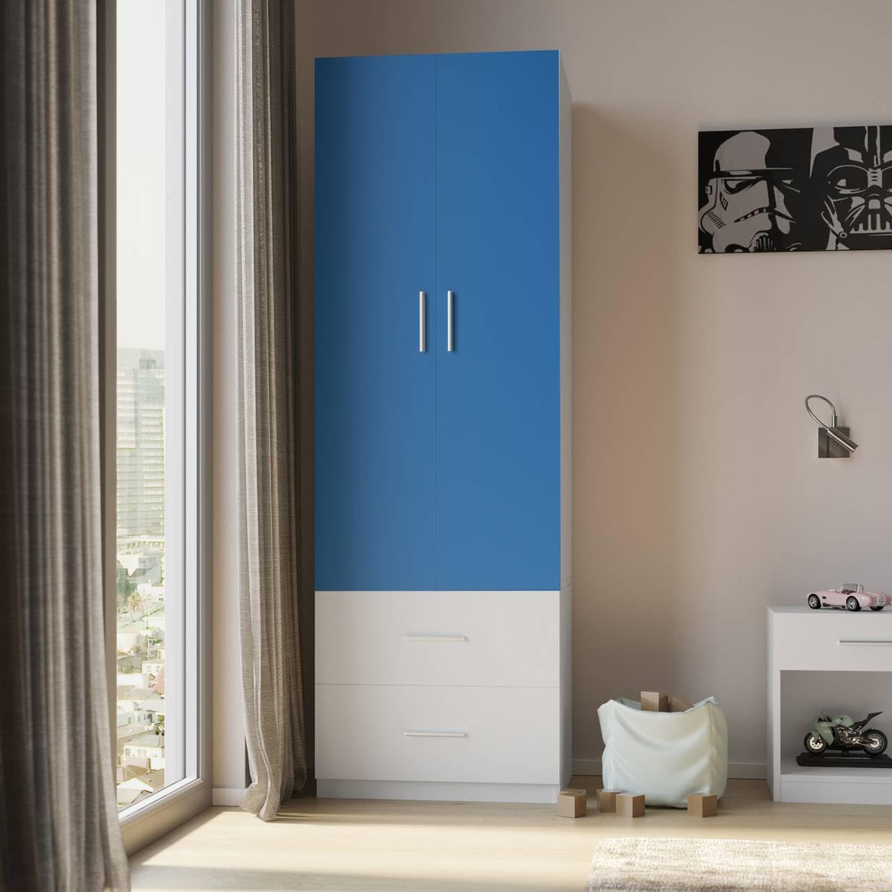 URBNLIVING Modern Kids Large Bedroom Double Wardrobe 2 Doors and 2 Drawers Closet Cupboard Storage Unit (Blue Carcass + White Drawers)