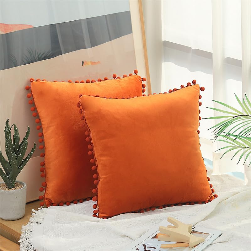 Hediloo Cushion Covers Pack of 2 Soft Velvet Throw Pillow Cases with Pom Pom Invisible Zip for Sofa Chair Living Room (Orange, 50 * 50cm) — image 1