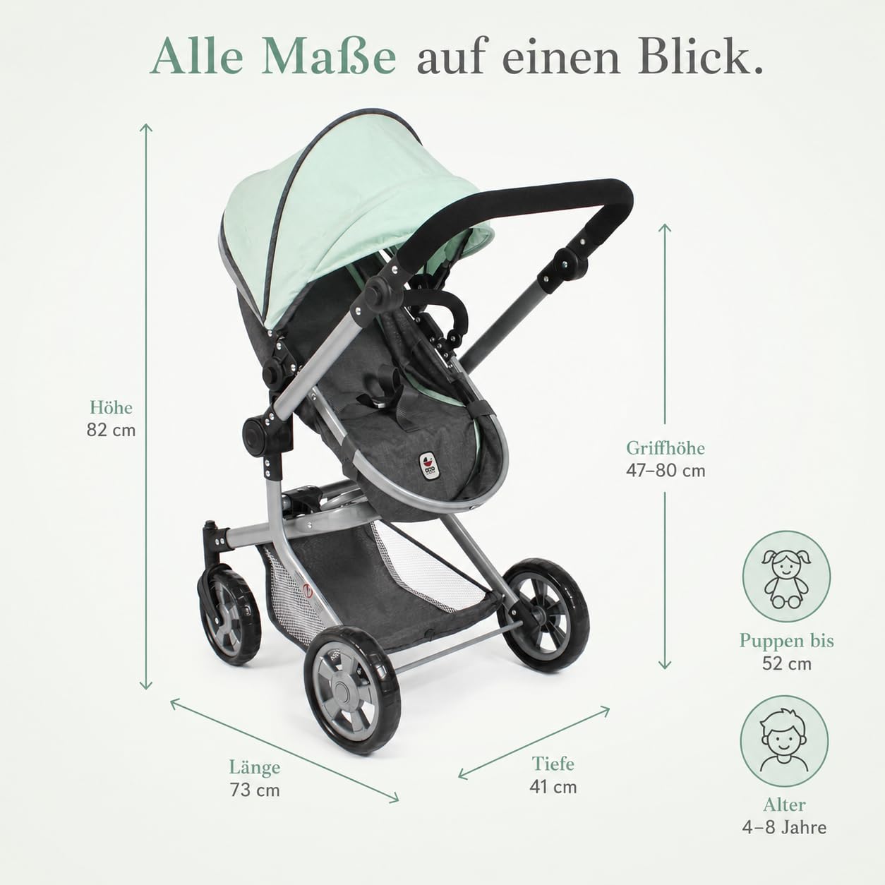 Bayer Chic 2000® Wózek dla lalek Mika 2 w 1, miętowy, składany, z regulacją wysokości 47-80 cm, nowoczesny stelaż, lalki do 52 cm, 4-8 J.