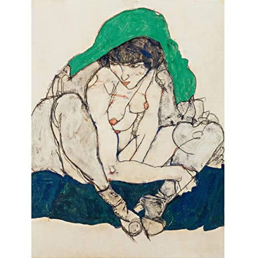 Egon Schiele Crouching Woman With Green Headscarf Unframed Wall Art Print Poster Home Decor Premium