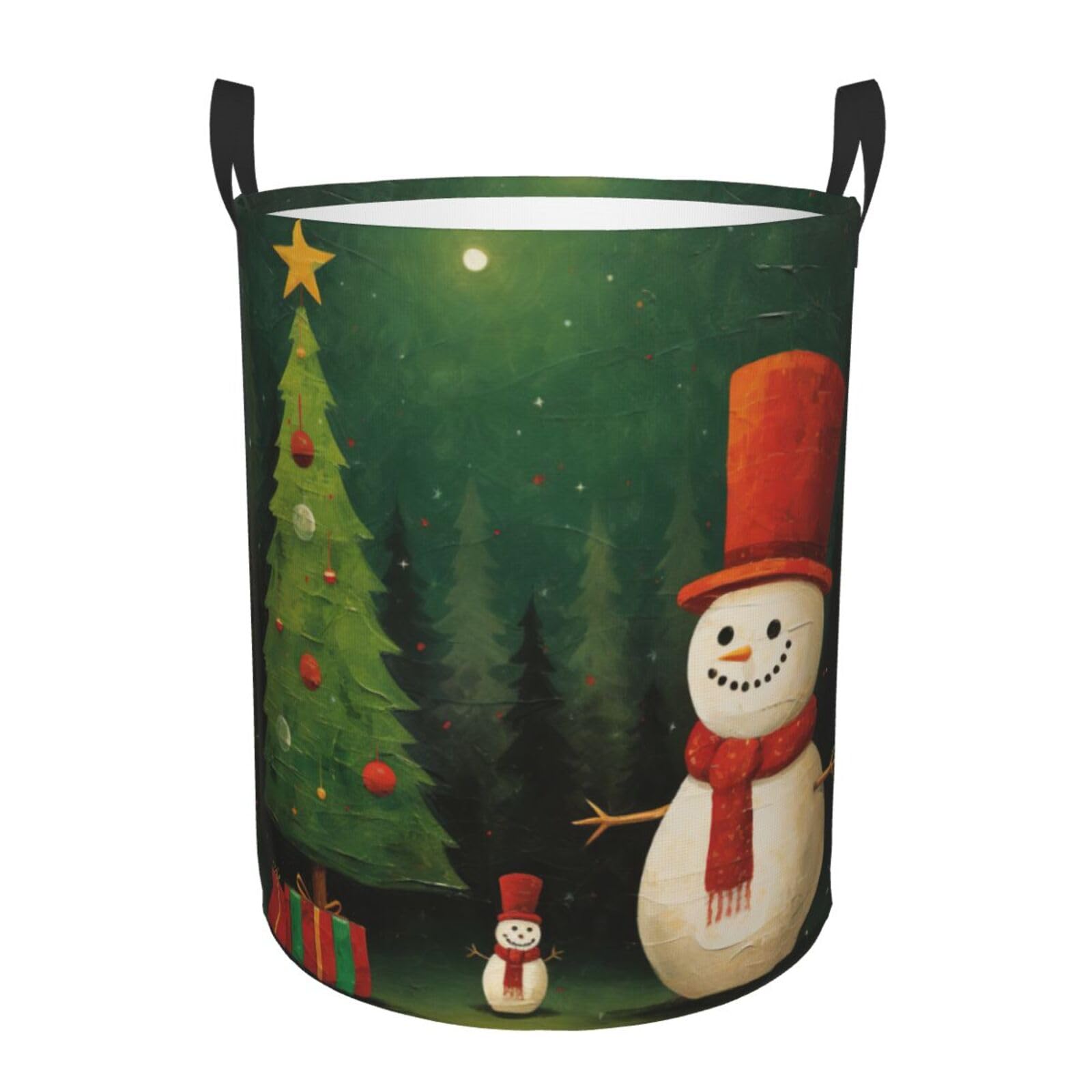 S Collapsible Laundry Hamper Round christmas tree Snowman Print Storage