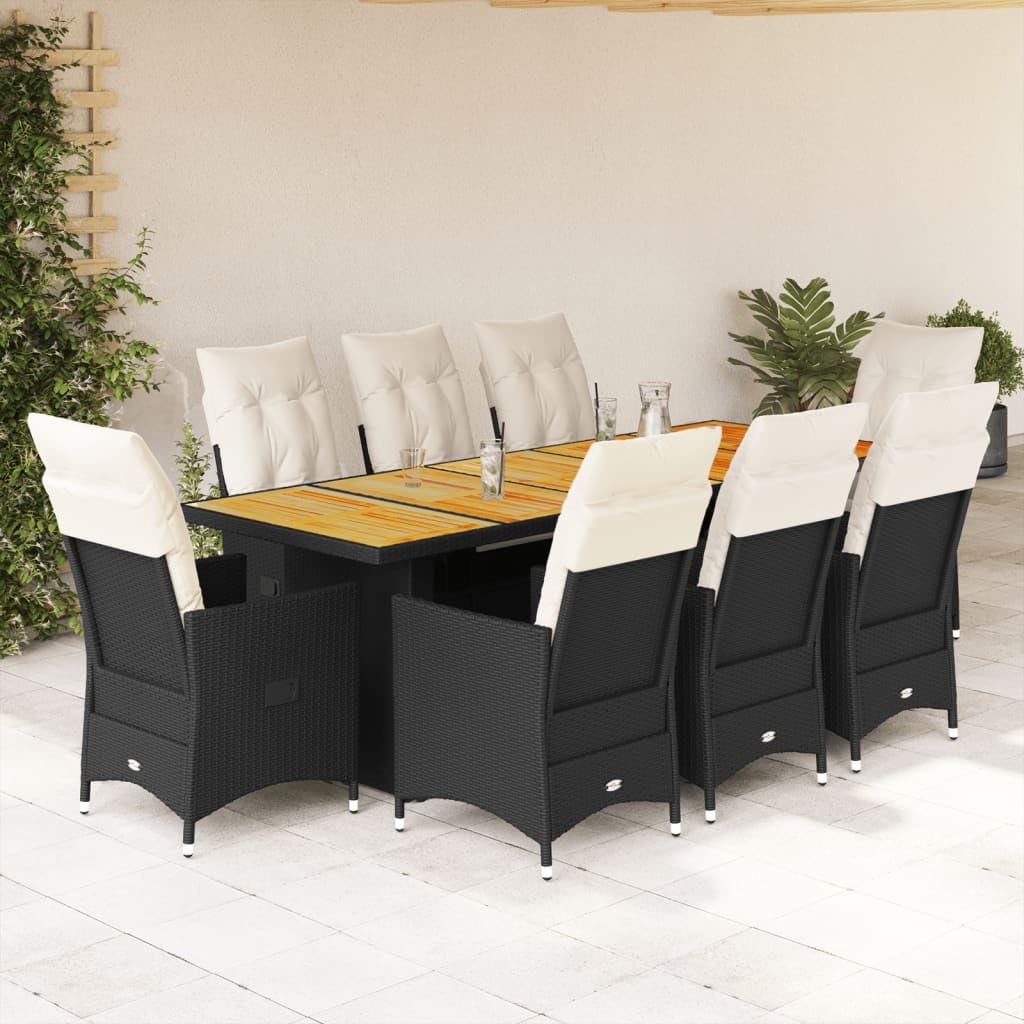 9-częściowy zestaw ogrodowy bistro z polirattanu z 8 regulowanymi fotelami i stołem 240 x 90 cm, odporny na warunki atmosferyczne, na taras, balkon i do ogrodu, z kremowo-białymi poduszkami