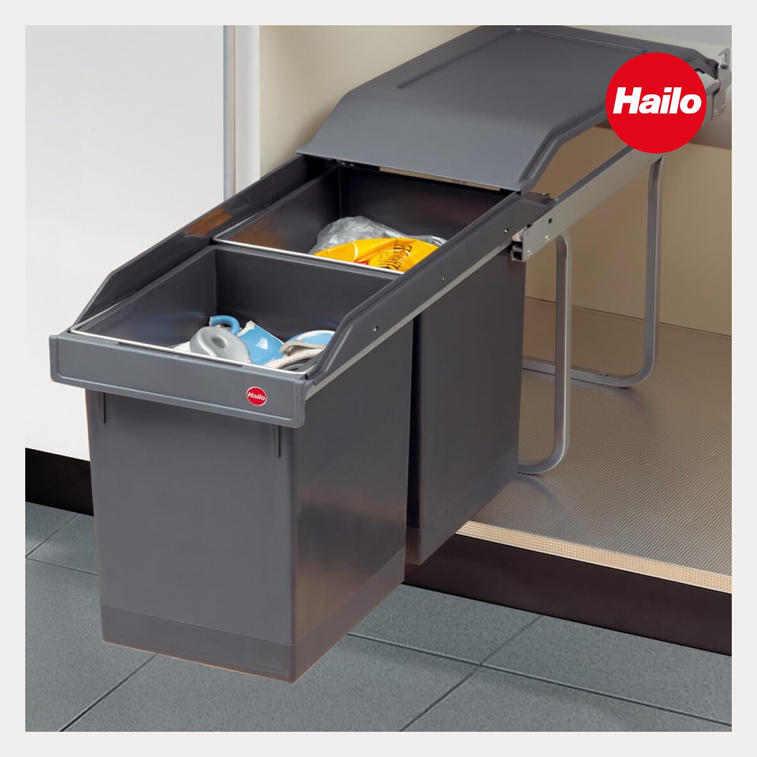 Hailo Abfallsammler Tandem 3650101 | 2fach Einbau-Mülleimer incl. 50 Müllbeutel | für Schränke ab 300 mm Breite | Bequemer Handauszug auf Rollenführung | Silber und Kunststoff Anthrazit