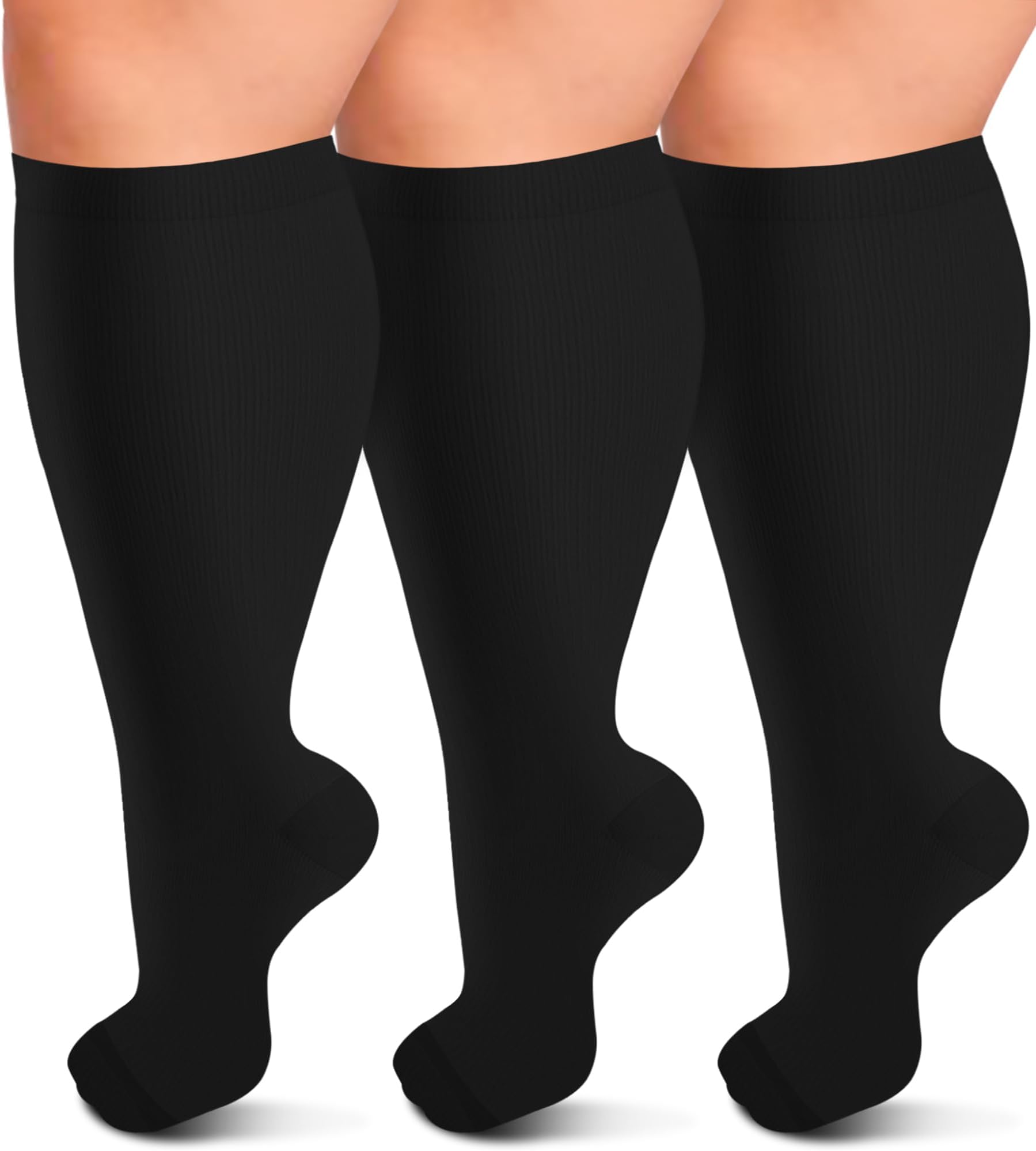 3 Pack Plus Size Compression Socks for Women & Men, 15-20mmHg Extra Wide Calf Knee High Stockings for Circulation Support