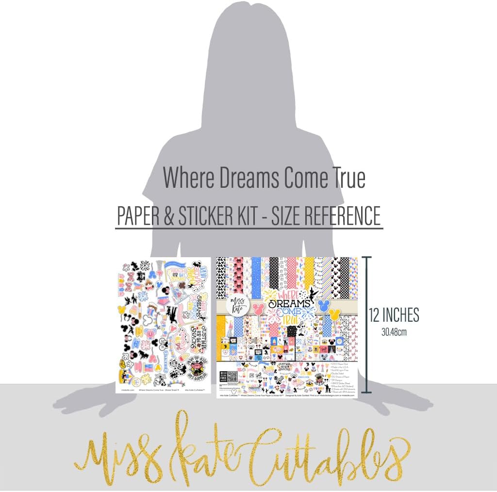Paper & Sticker Kit - Where Dreams Come True - for Disneyland Disney - 20 Double-Sided 12x12 Patterned Papers & Sticker Sheet - Scrapbooking Scrapbook Card Making Crafting - by Miss Kate Cuttables