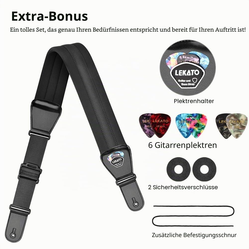 LEKATO Gitarrengurt mit Memory Foam, gepolsterter Gitarrengurt verstellbarer Gitarrengurt für akustische und elektrische Bassgitarren, 6 Gitarrenpicks, 2 Gurtschlösser inklusive