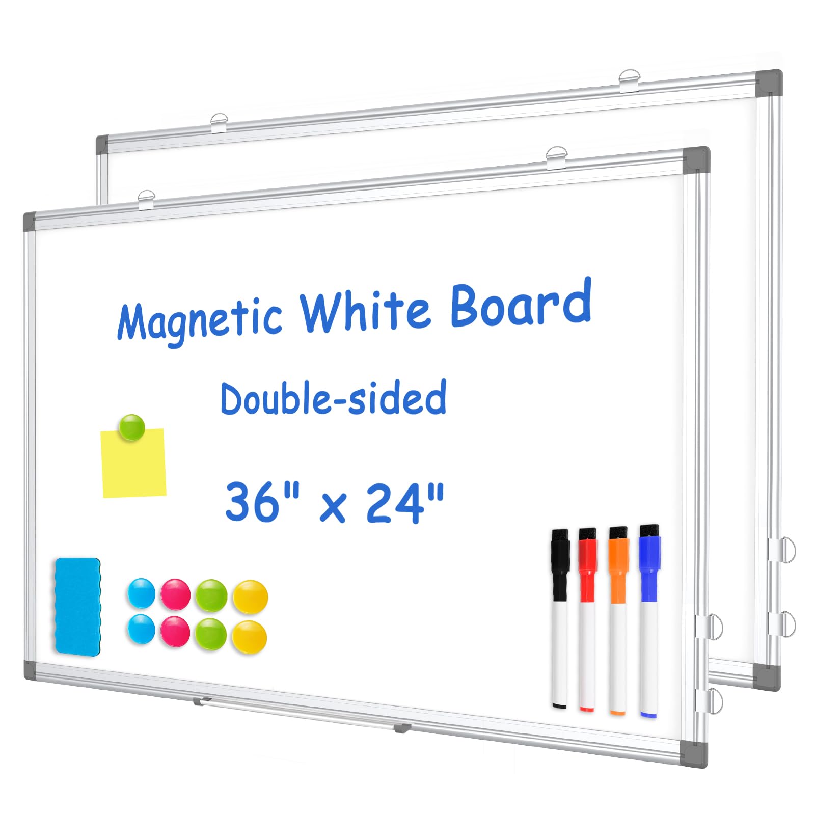 WALGLASS 2 Pack White Board, 36" x 24" Double-Sided Dry Erase White Board for Wall, Hanging Mounted Whiteboard, Horizontal or Vertical Silver