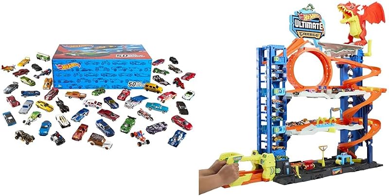 City Ultimate Garage Playset with 2 Die-Cast Cars, Toy Storage for 50+ 1:64 Scale Cars, 4 Levels of Track Play + 50-Pack of 1:64 Scale Vehicles
