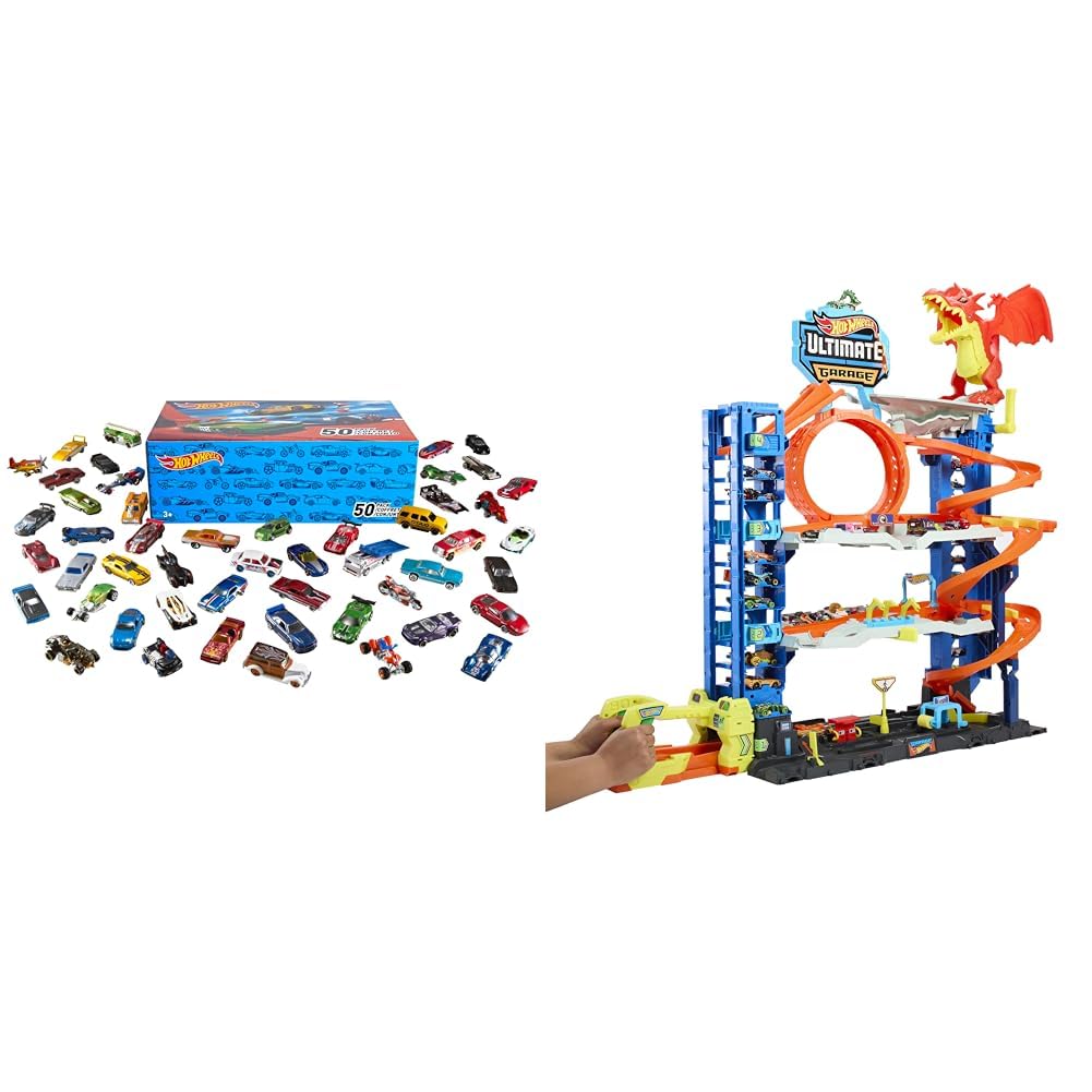 Hot Wheels City Ultimate Garage Playset with 2 Die-Cast Cars, Toy Storage for 50+ 1:64 Scale Cars, 4 Levels of Track Play + 50-Pack of 1:64 Scale Vehicles