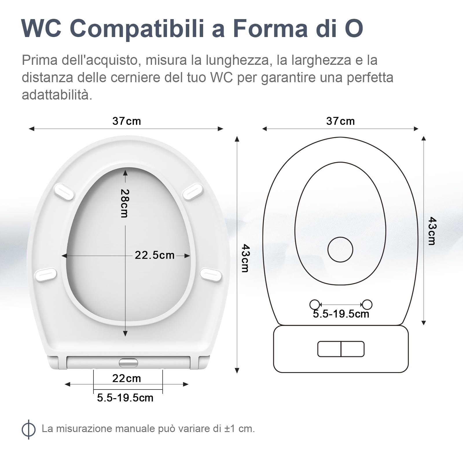 SURFOU Tavoletta WC con Chiusura Ammortizzata, Duroplast di Alta Qualità, Forma a O, Sgancio Rapido per Facile Pulizia, Supporta fino a 200 kg, con Gancetti in Gomma per Fissaggio Stabile