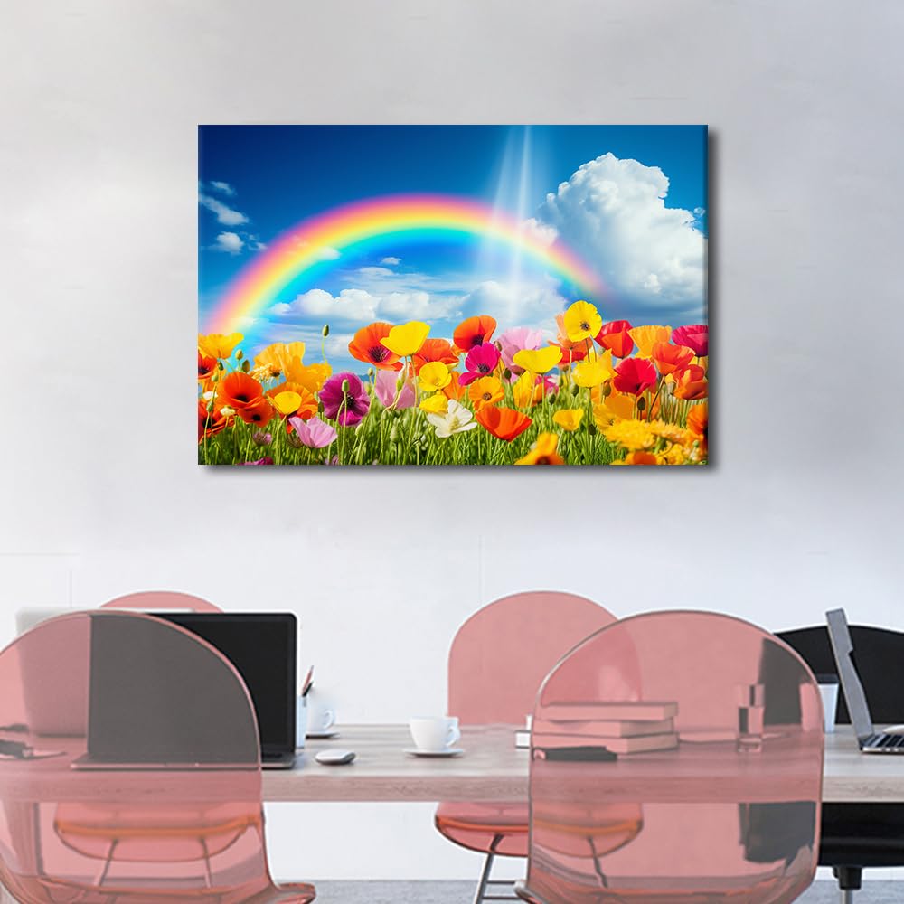 TISHIRON 1 Piece Rainbow Picture Home Decorations for Living Room Poppy Canvas Prints Painting Colorful Flowers Wall Art Family Wall Office Room Decor Pray Canvas Framed Wall Hang - Image 3