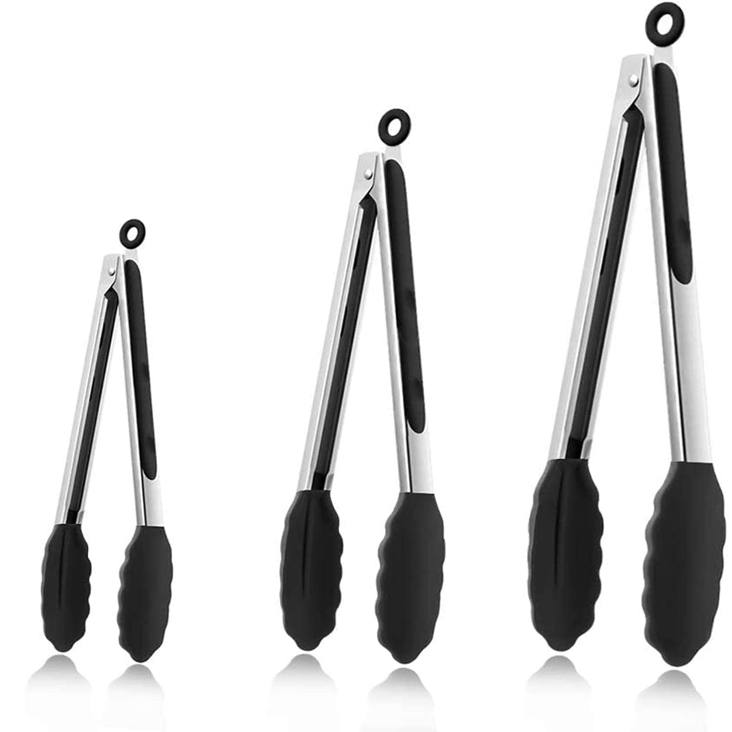 ISHWANKU Kitchen Tongs Stainless Steel Locking Cooking Tongs with Silicone Tips Non-Slip Food Tongs for Cooking Barbecue BBQ Grilling Buffet Serving Ice Oven Non-Stick 480℉ Set of 3-7" 9" & 12" multi color