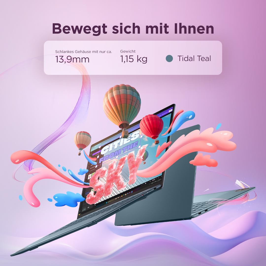 Lenovo Yoga Slim 7 Laptop | 14" 2.8K WUXGA OLED Display | AMD Ryzen AI 7 445 | 16GB RAM | 1TB SSD | AMD Radeon Grafik | Windows 11 | QWERTZ | Tidal Teal | 3 Monate Premium Care