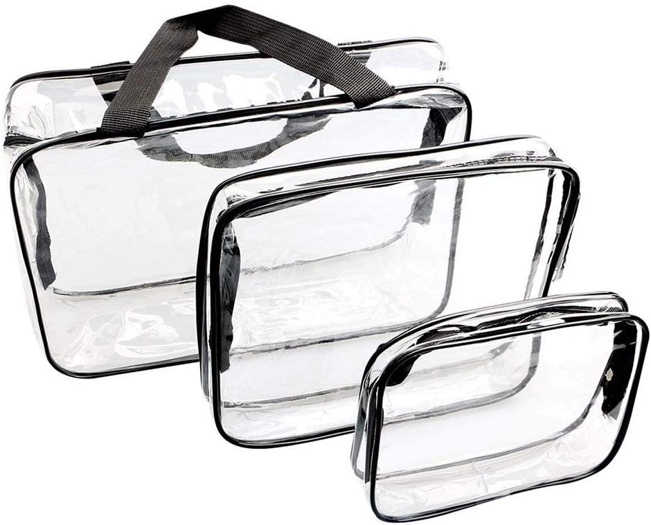 WIFUME 3 Set Clear Packing Cubes - PVC Waterproof Multi-function Hand Pouch Tote Bag - Makeup Bag with Zipper - Travel Buggy Bag for Toiletries Cosmetic and Bathroom Accessories (black)