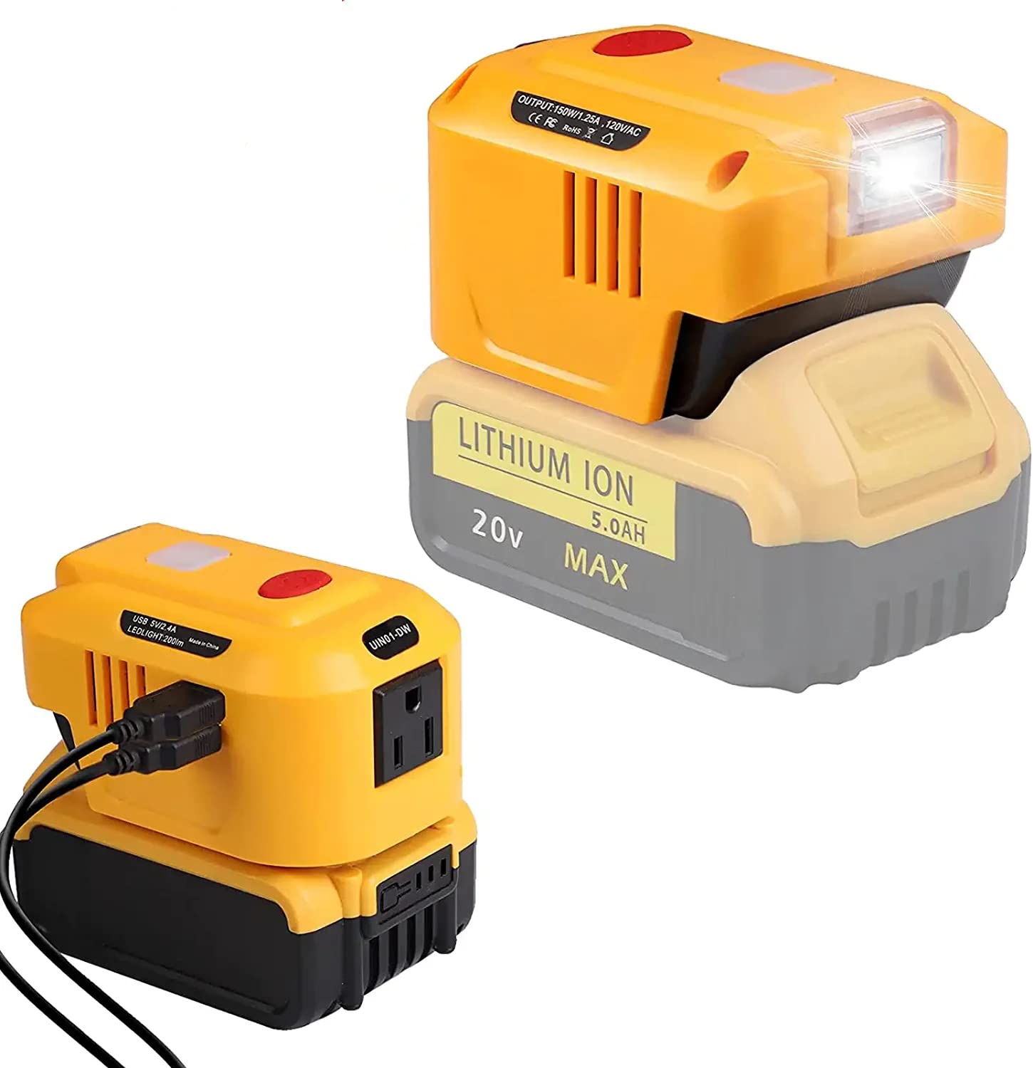 150W Power Supply Inverter for Dewalt 20V, TEPULAS DC 20V to AC 120V Power Inverter Generator, Power Source USB Phone Charger Adapter for Dewalt w/AC Outlet & LED Light (No Battery)