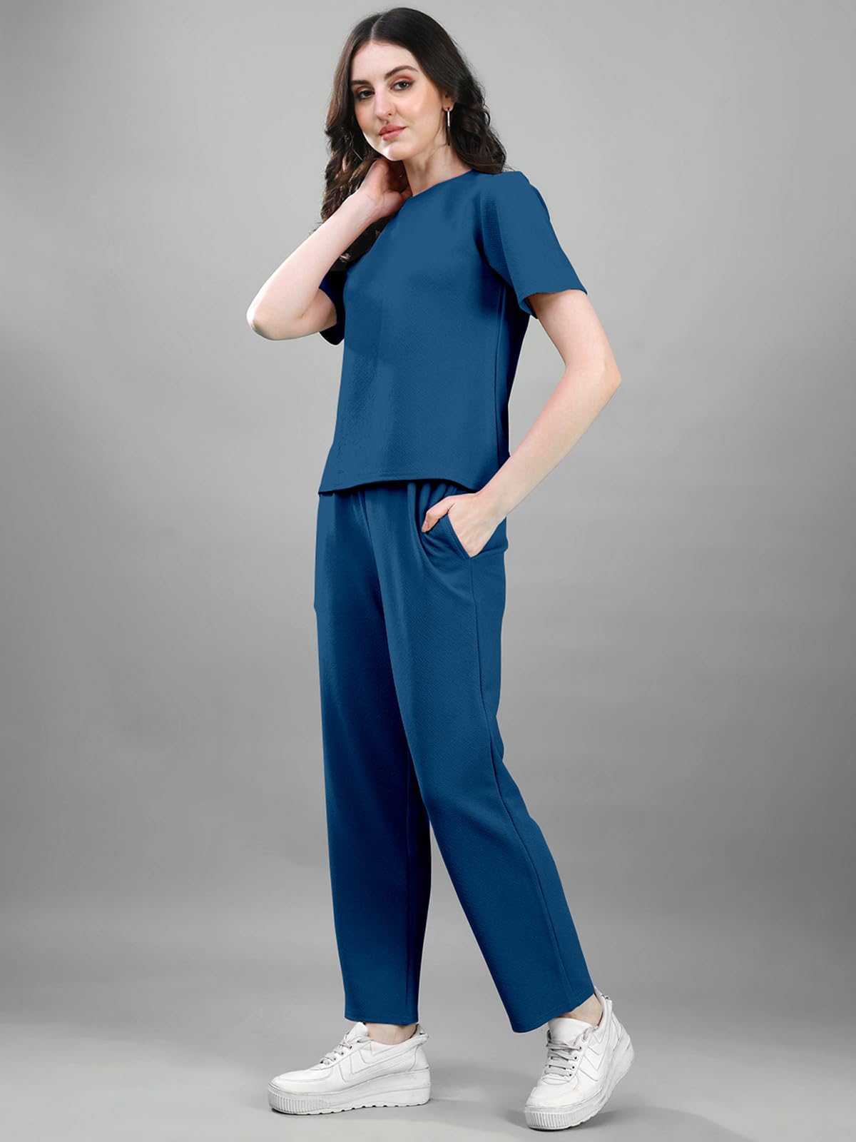 Selvia Co-Ords Set For Women|Lycra Top & Trouser Set|Casual Co-Ords Set For Women|Solid Two Piece Co-Ord Set|Sports Wear Co-Ords Set(707Ctk11668N-L_Teal Blue)