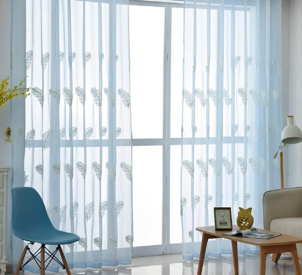 HooHero Modern Simple Feather Pattern Yarn Embroidered Semi Living Room Bedroom 100 Wide Kids Nursery Sheer Curtains Window Treatments Living Dining Room Voile