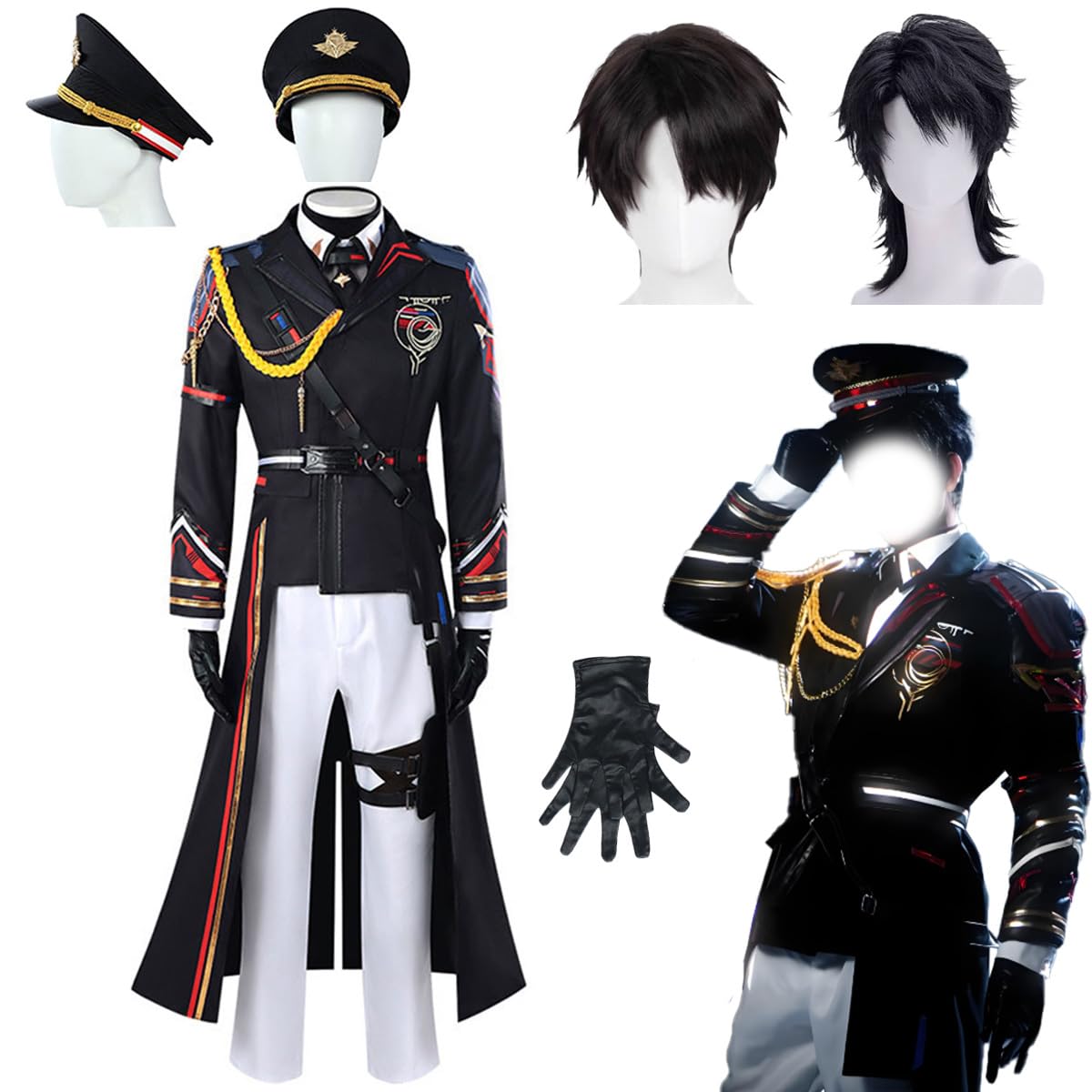 LUCKYCOS 恋と深空 マヒル コスプレ衣装 執艦官 遠空艦隊 コスプレ ウィッグ追加可能 夏以昼 男女兼用 帽子付き 手袋付き 軍服 イベント ハロウィン クリスマス 文化祭 学園祭 ステージ服 舞台服 コミケ