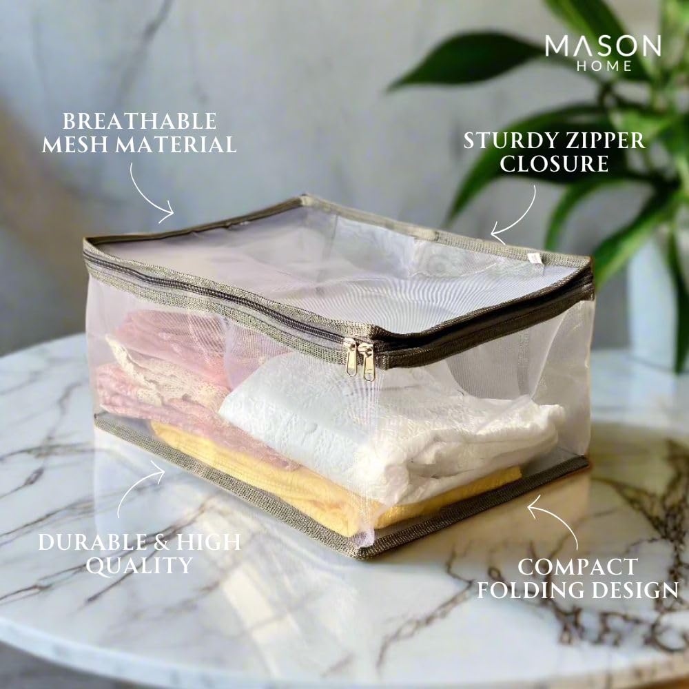 MASON HOME Net/Mesh Lehenga Storage Bag Small - 1pc - L x B x H - 18" x 13" x 9" | Clothes Storage Bag - Wardrobe Organizer with Transparent Window And Zip | Lehengas - Sarees - Delicate Garments 1