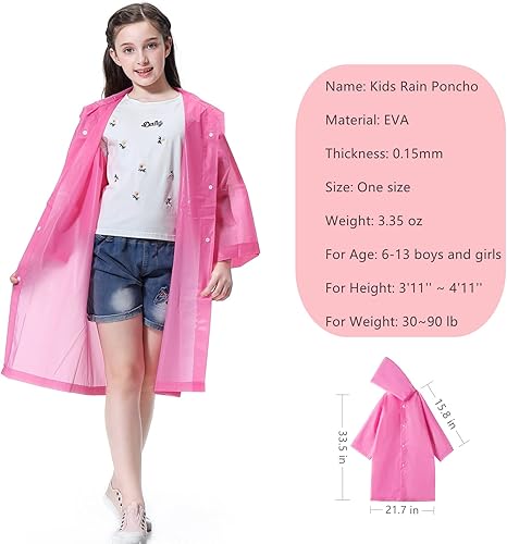 Vista 2 de Kids Rain Poncho, Reusable EVA Children Raincoat for 6-13 Girls Boys, Waterproof Rain Jackets Rainwear with Hood