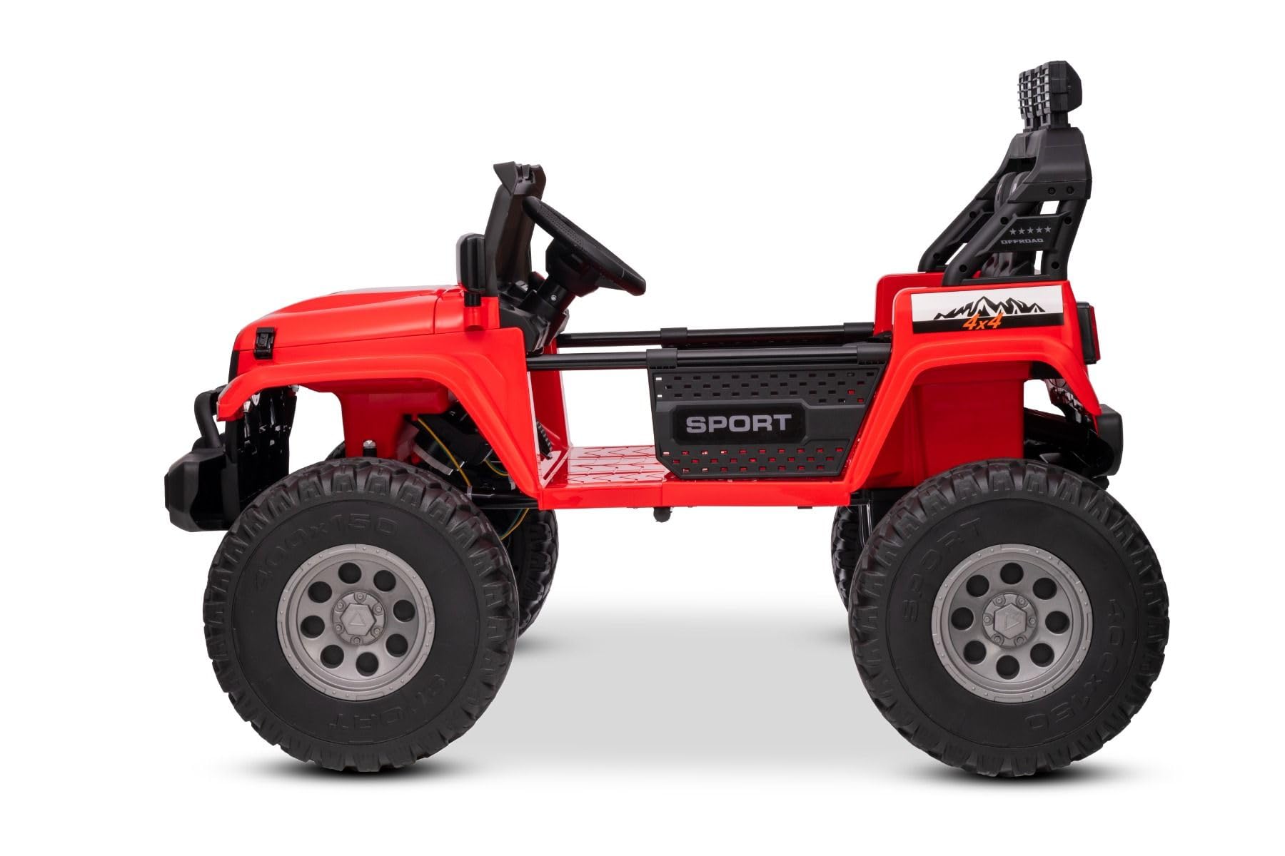 Beneo Motors OFFRIDE 4x4² 2-osobowy samochód elektryczny, 12 V, czerwony, odtwarzacz MP3 z wejściem USB/AUX, napęd na wszystkie koła 4 x 4, akumulator litowy, pilot zdalnego sterowania, oświetlenie