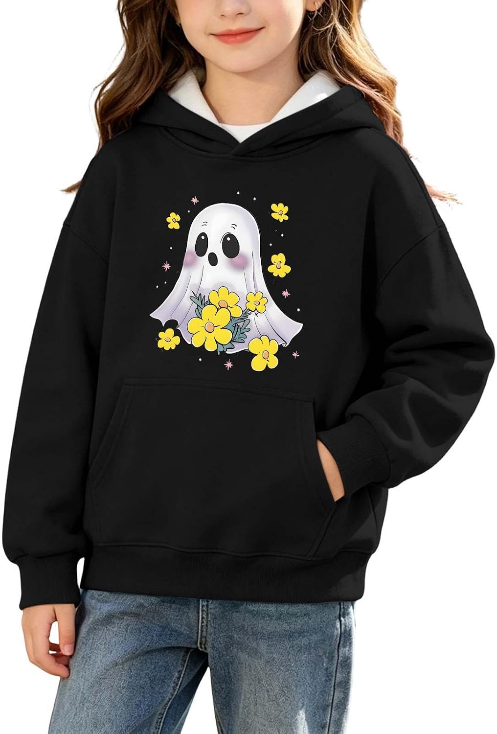 Girls Cute Flower Ghost Autumn Halloween Sweatshirt Pullover Hoodie