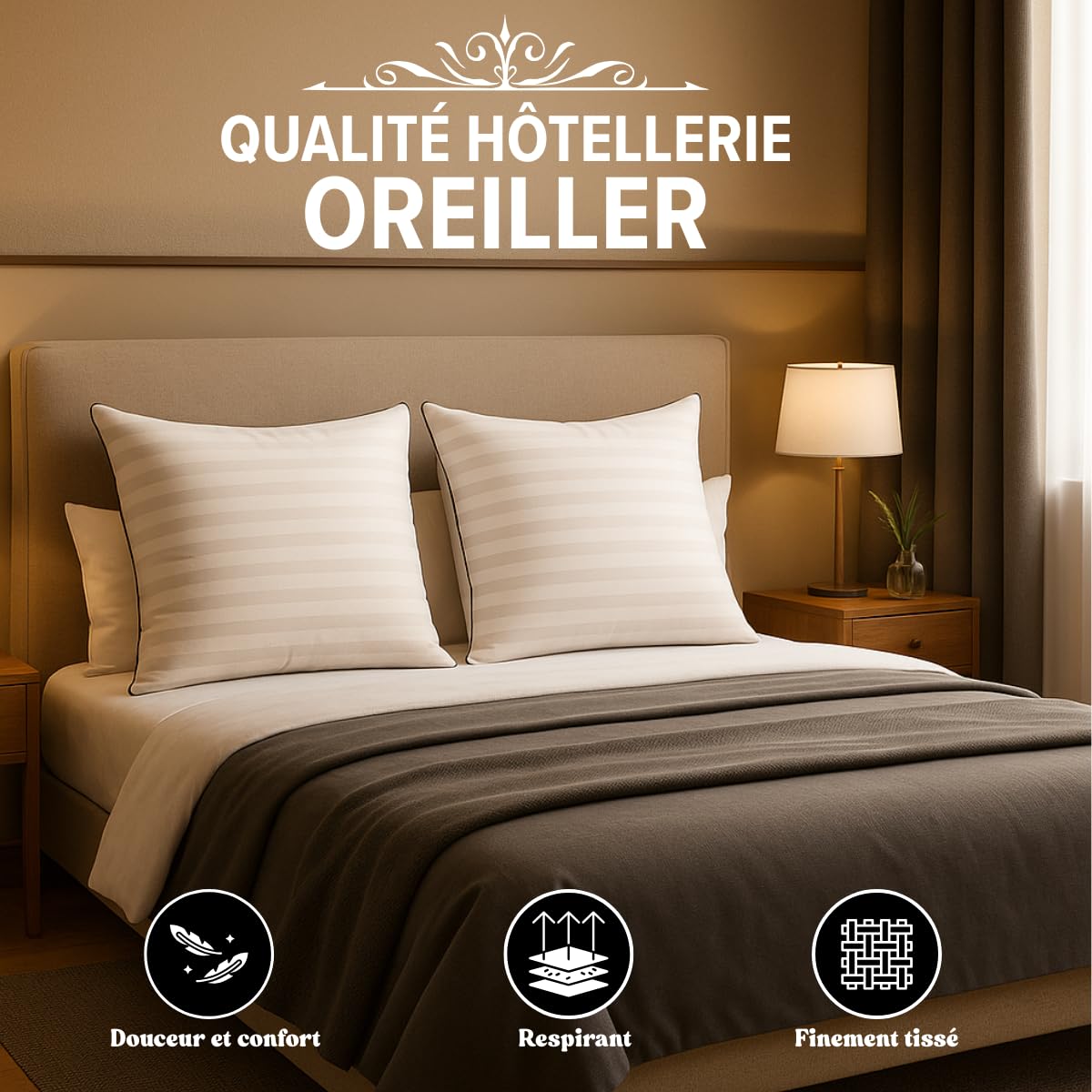 DREAMWAY Oreiller 60x60 cm Lot de 2 Oreillers Carrés | Confort Moelleux, Qualité Hôtelière, Respirant et Hypoallergénique, Idéal pour Dormeurs sur Le Côté, Le Dos et Le Ventre