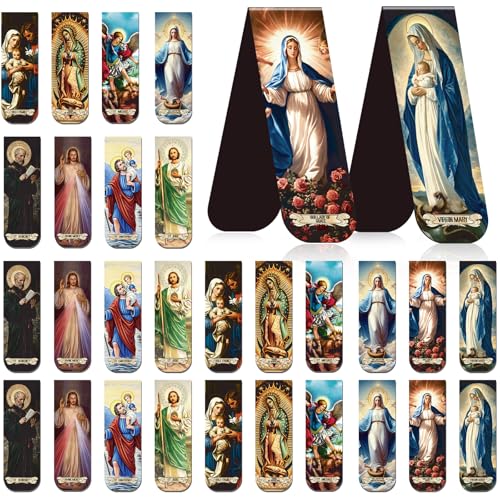 Wxiben Catholic Magnetic Bookmarks Gifts - 30 Pcs Christian Religious Book Mark Magnets Catholic Saints Magnetic Bookmark Jesus Virgin Mary Book Markers Page Clip for Women Men Sunday School Gift