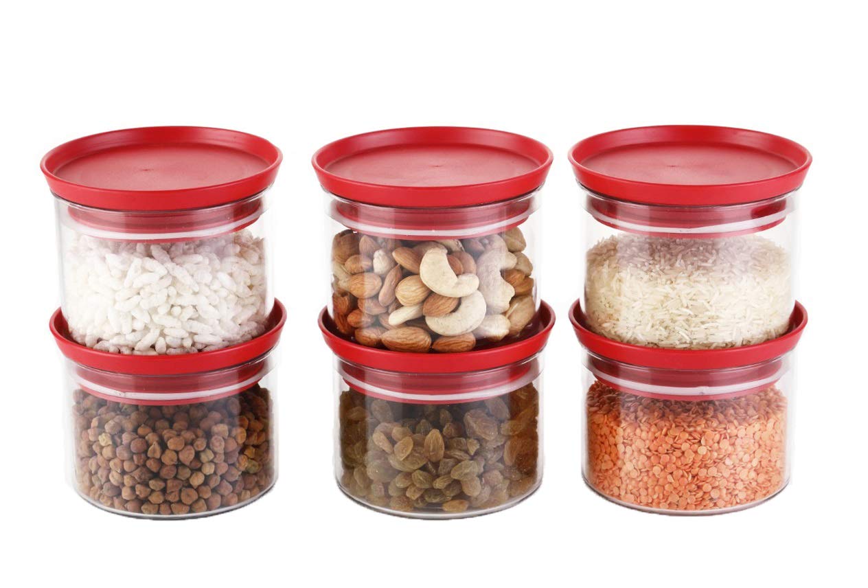 MACHAKXcllent Containers for Kitchen Storage Plastic, Unbreakable Airtight, Red (Set of 6, 500ml)