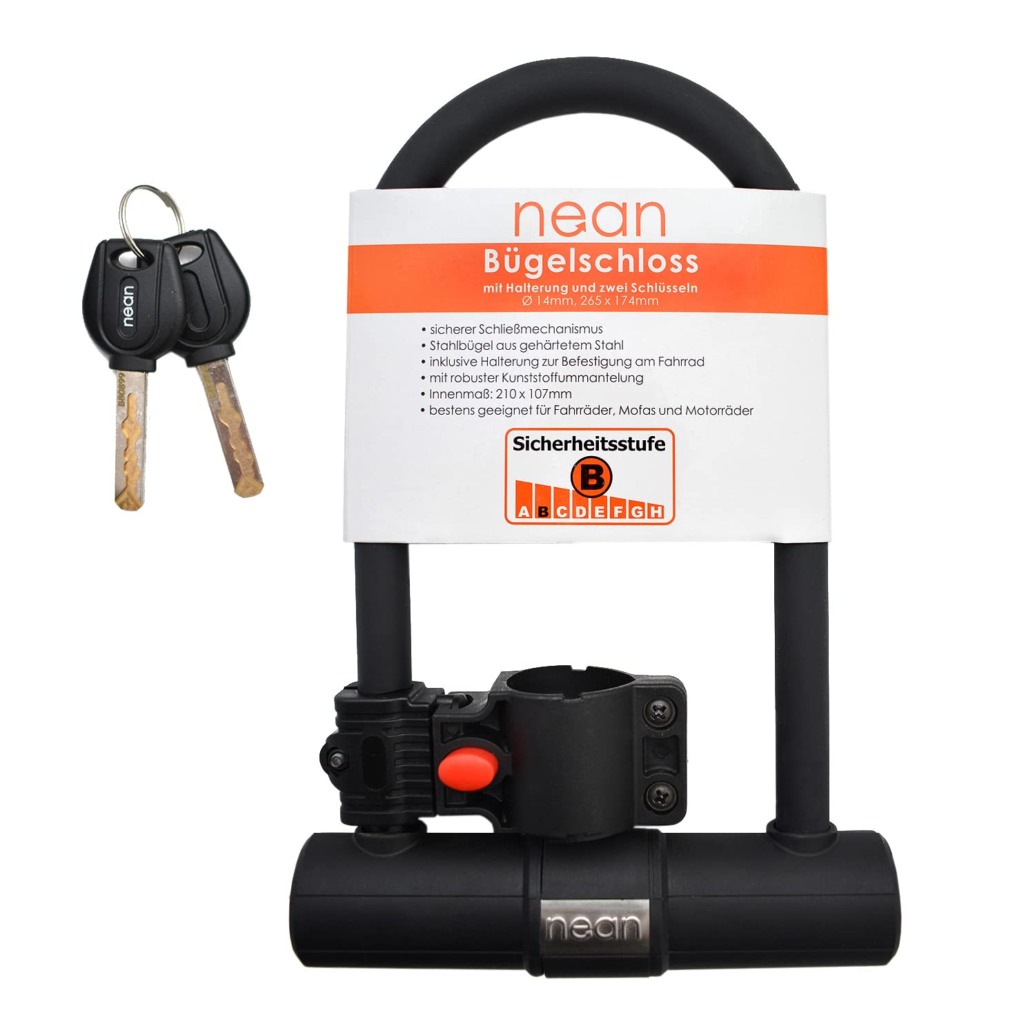 nean Antivol de vélo à étrier de qualité supérieure avec support et 2 clés de sécurité, Ø 14 mm, 265 x 173,5 mm, noir