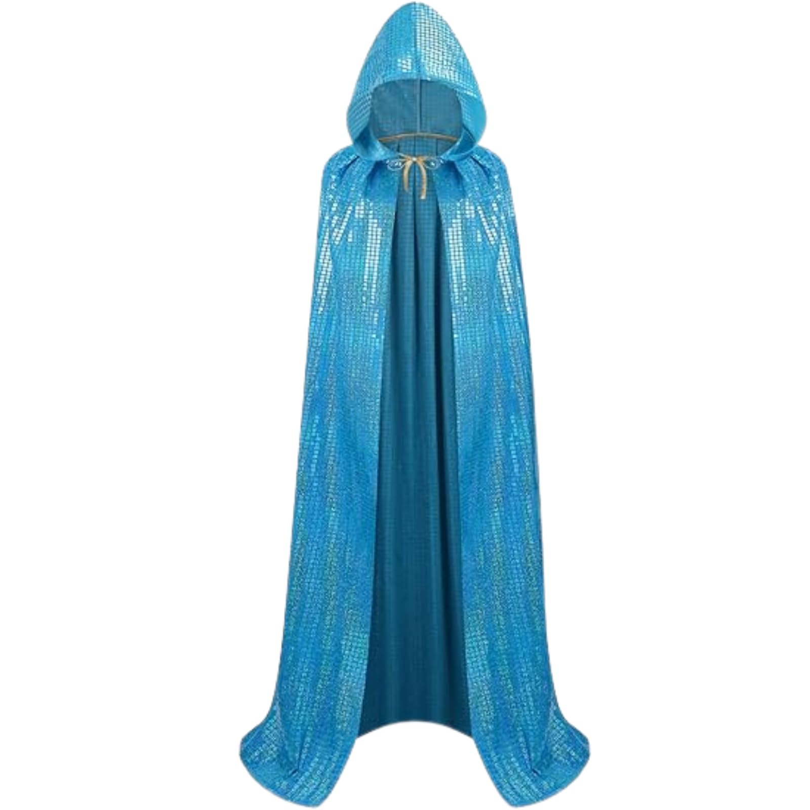 RRCBMD Adult Unisex Full Length Hooded Cloak Large Grid Blue Sparkle Shiny Cape with Hood Women Men Halloween Mardi Gras Wizard Cosplay Costume 47.2Inch