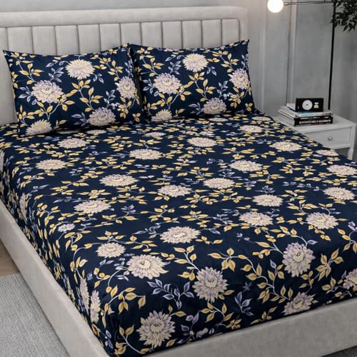 Image of 350 TC Premium Heavy Cotton Feel Elastic Fitted Bedsheet Queen Size with 2 Pillow Covers || Double Bed with All Around Elastic (Black Flower, Fitted - 72 inchx78 inch King)