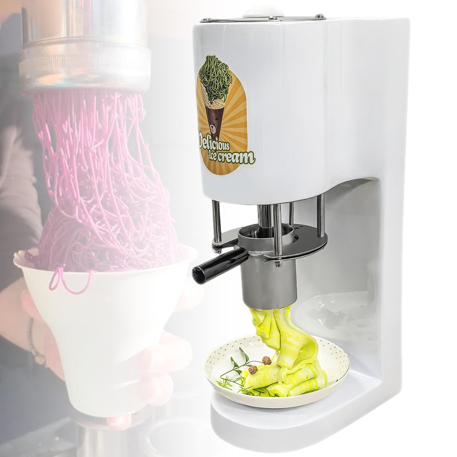 ROGHA Commercial Spaghetti Ice Cream Maker, 80w Ice Cream Press Machine, 0.42l Stainless Steel Hopper, 4 Noodle Shape Molds, Easy use for Dessert Shops White