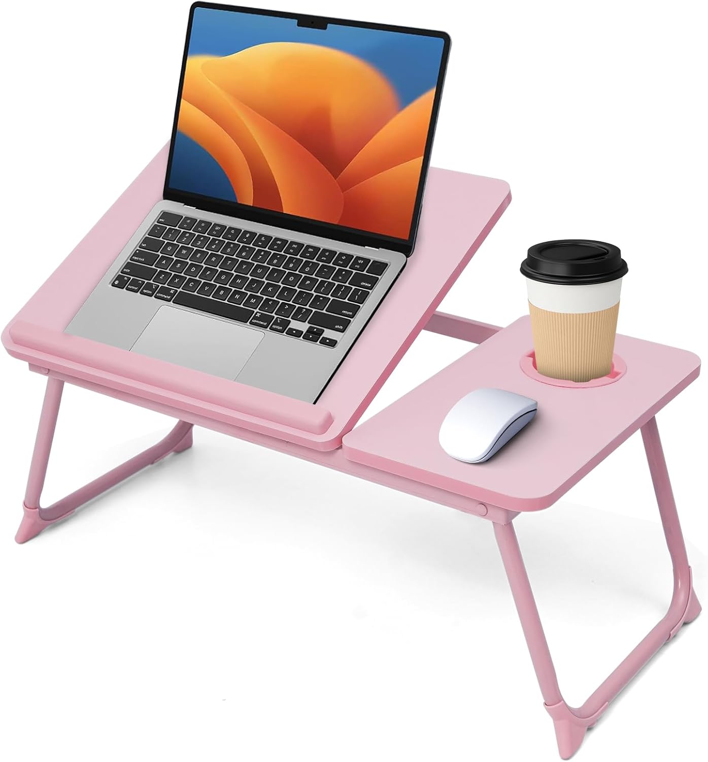 Lap Desk for Couch/Sofa/Floor, 5-Angle Adjustable Bed Desk with Foldable Legs &Cup Holder, Light Weight Bed Tray Table for Writing/Eating/Reading, Portable Laptop Stand for Adults, Kids Pink
