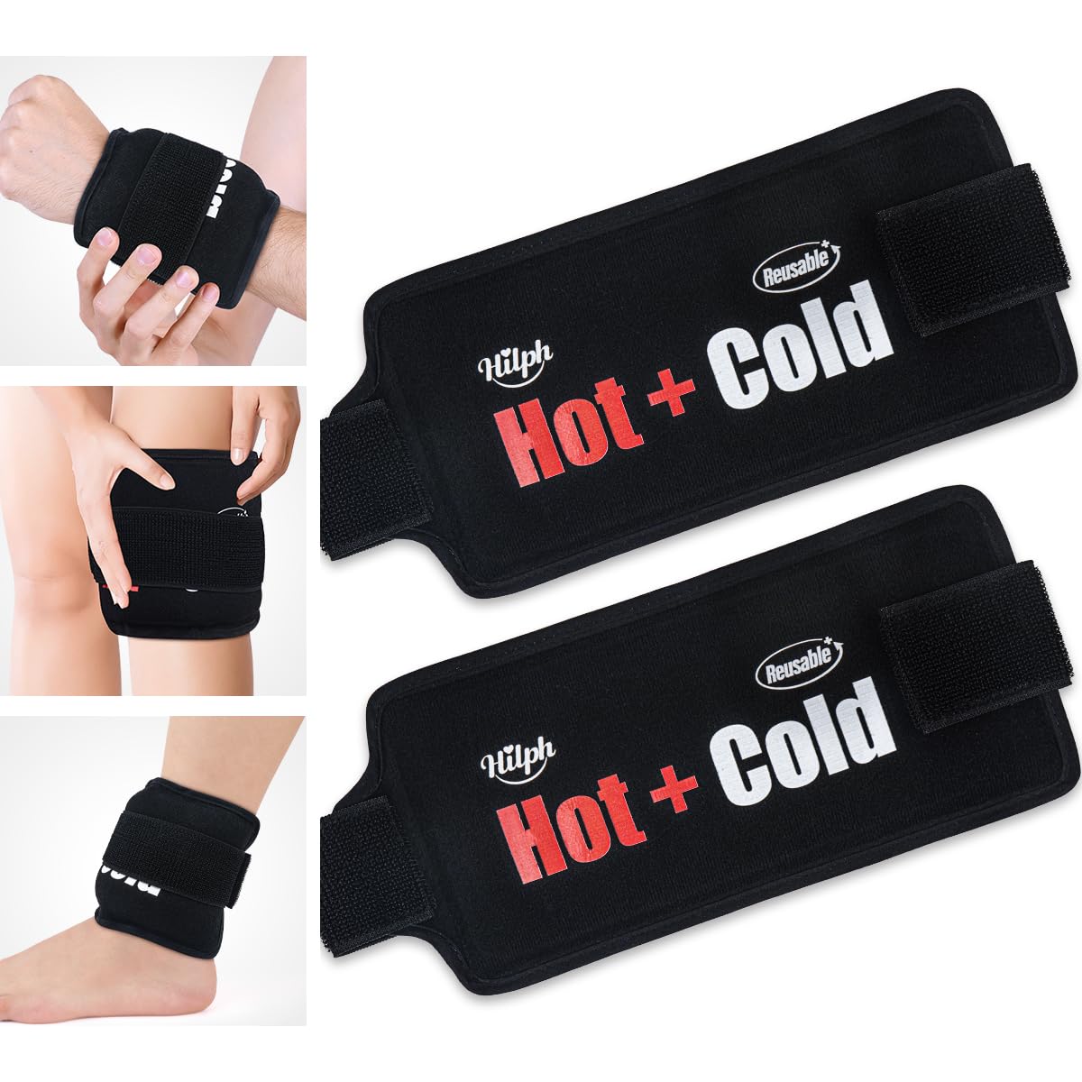 Hilph Large Ice Pack with Strap for Injury Reusable, 2 Packs Hot & Cold Compress Gel Pack for Muscle, Joint Pain & Swelling | Fits Knees, Ankles, Elbows & Wrists - Black