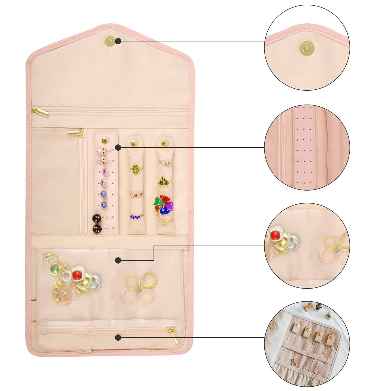 1 bolsa de almacenamiento plegable para joyas, bolsa de joyería portátil, organizador de joyas de viaje, caja de almacenamiento para anillos, utilizado para pulseras, pendientes, anillos (rosa nude)