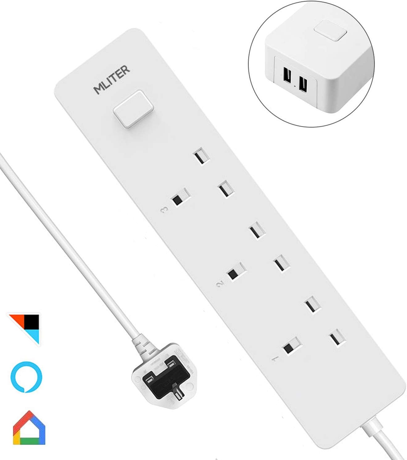WiFi Smart Power Strip with 3 AC Individual Outlets & 2 USB Ports, Smart Multi Plug Sockets with Remote, Voice and App Control, Timing Function & Surge Protected Extension Leads (5ft), White