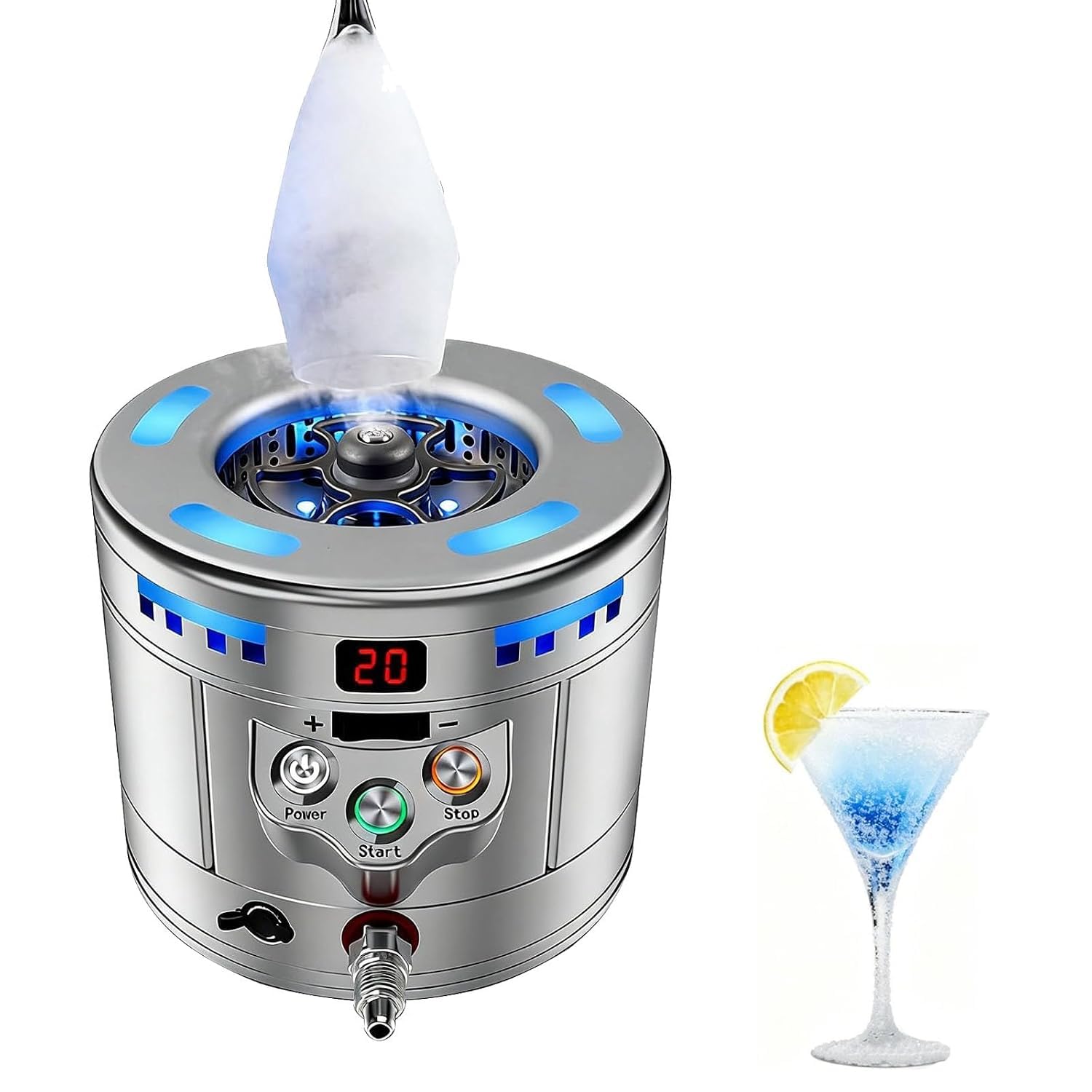XCSCUK Mini CO2 Dry Ice Maker,25W Stainless Steel Wine Glass Chiller,Dry Ice Making 12-17s,8 S/cup,for Restaurants, Yachts, and Bars (Silver)