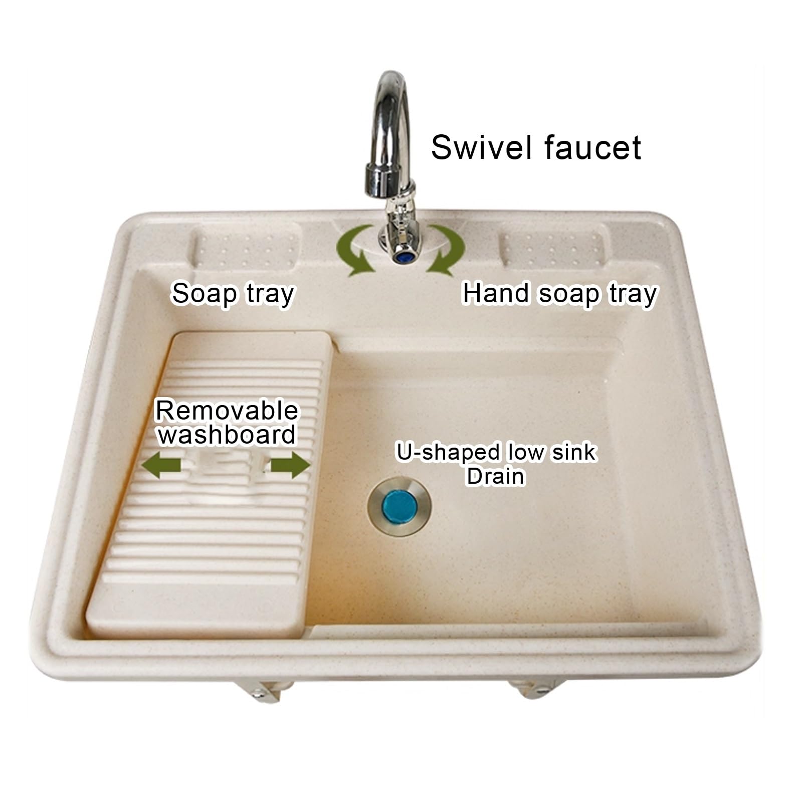 Fregadero Multiusos de Pie, Pila Lavadero de Plástico con Tabla de Lavar, Lavadero Pila Exterior con Mangueras y Kit de Desagüe, para Lavandería, Garaje(53x39x80cm)