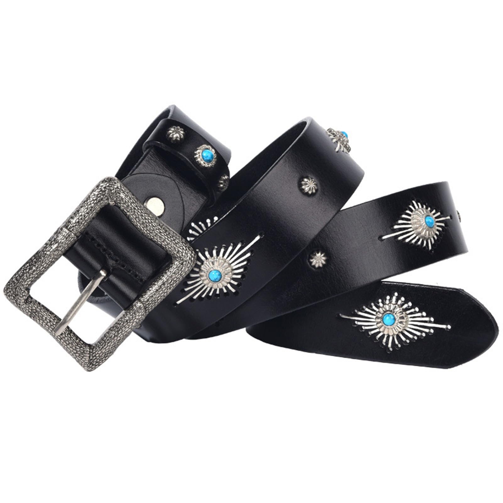 Surrycee ,Black,105cm/waist:34"~36", Studded Belt, Metal Punk Rivet Leather Belt for Women Men, Goth Belt with Turquoise Studs,Gothic Belt Accessories for Jeans Pants, 38mm Wide
