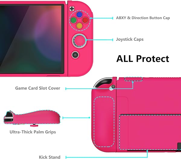playvital ZealProtect Soft Protective Case for Nintendo Switch OLED, Flexible Protector Joycon Grip Cover for Switch OLED with Thumb Grip Caps & ABXY Direction Button Caps - Bright Pink - 5