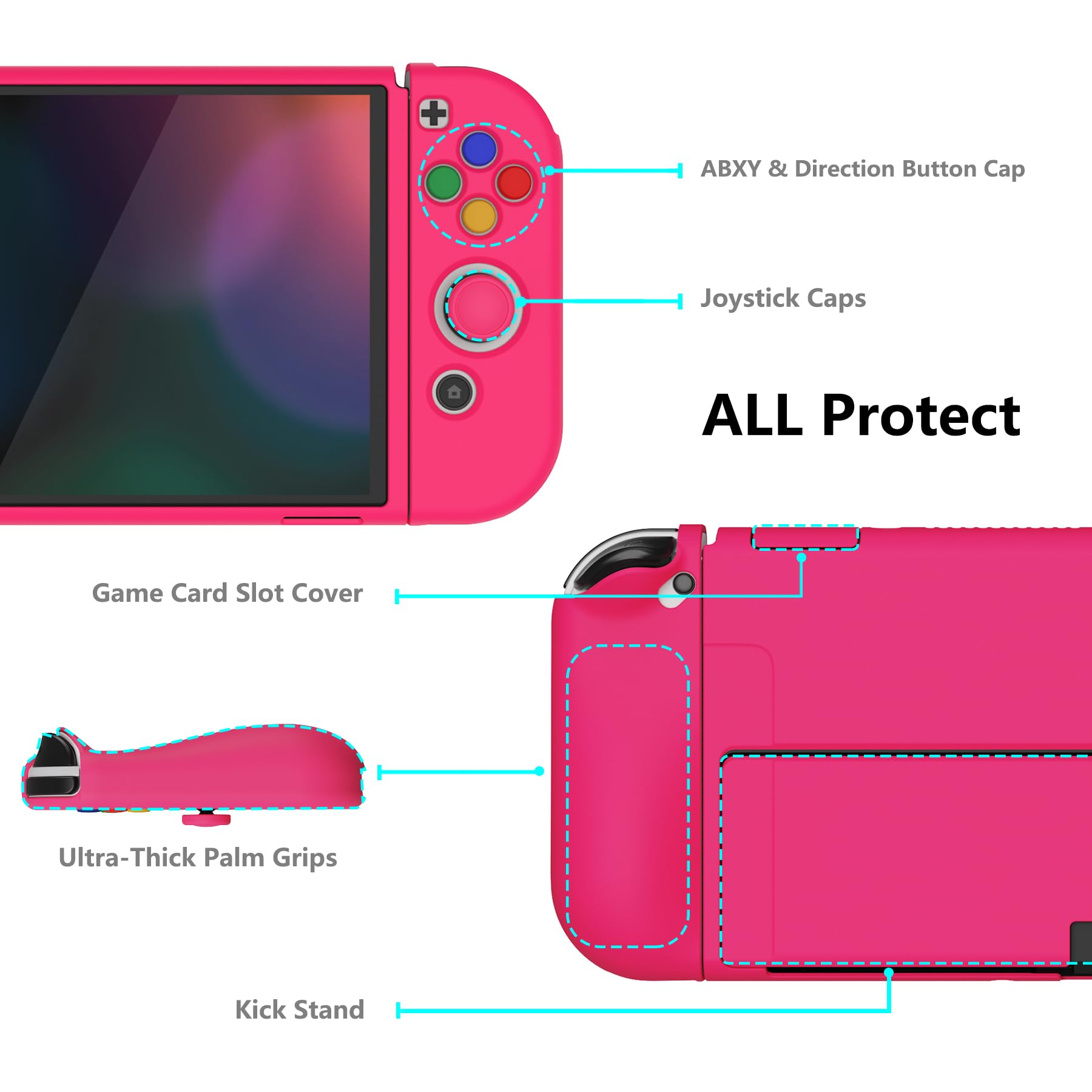 playvital ZealProtect Soft Protective Case for Nintendo Switch OLED, Flexible Protector Joycon Grip Cover for Switch OLED with Thumb Grip Caps & ABXY Direction Button Caps - Bright Pink — view 5