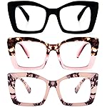 REAVEE 3 Pack Oversized Square Reading Glasses Oprah Style for Women, Blue Light Blocking Large Frame Computer Designer Fashion Readers with Spring Hinge (Black/Pink Tortoise/Tortoise Pink,3.5)