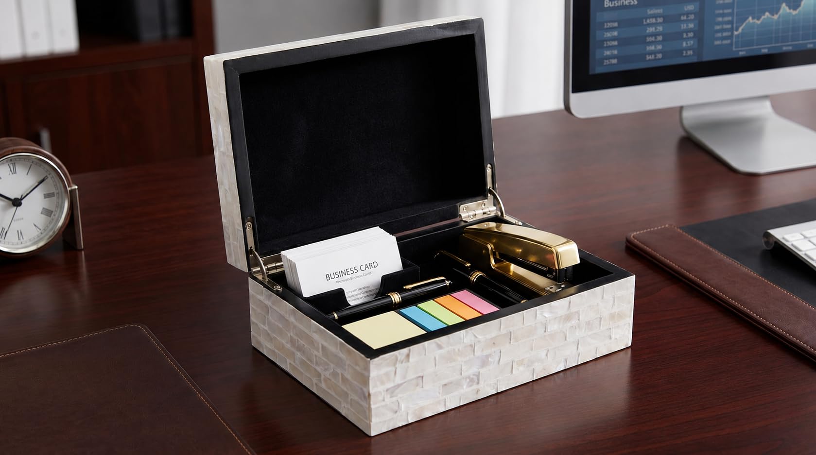 PEMAR Cajas de joyería con incrustaciones de nácar con tapas, cofre del tesoro rectangular, caja de almacenamiento decorativa de madera para bolsas de té, café, suministros de oficina, joyas,