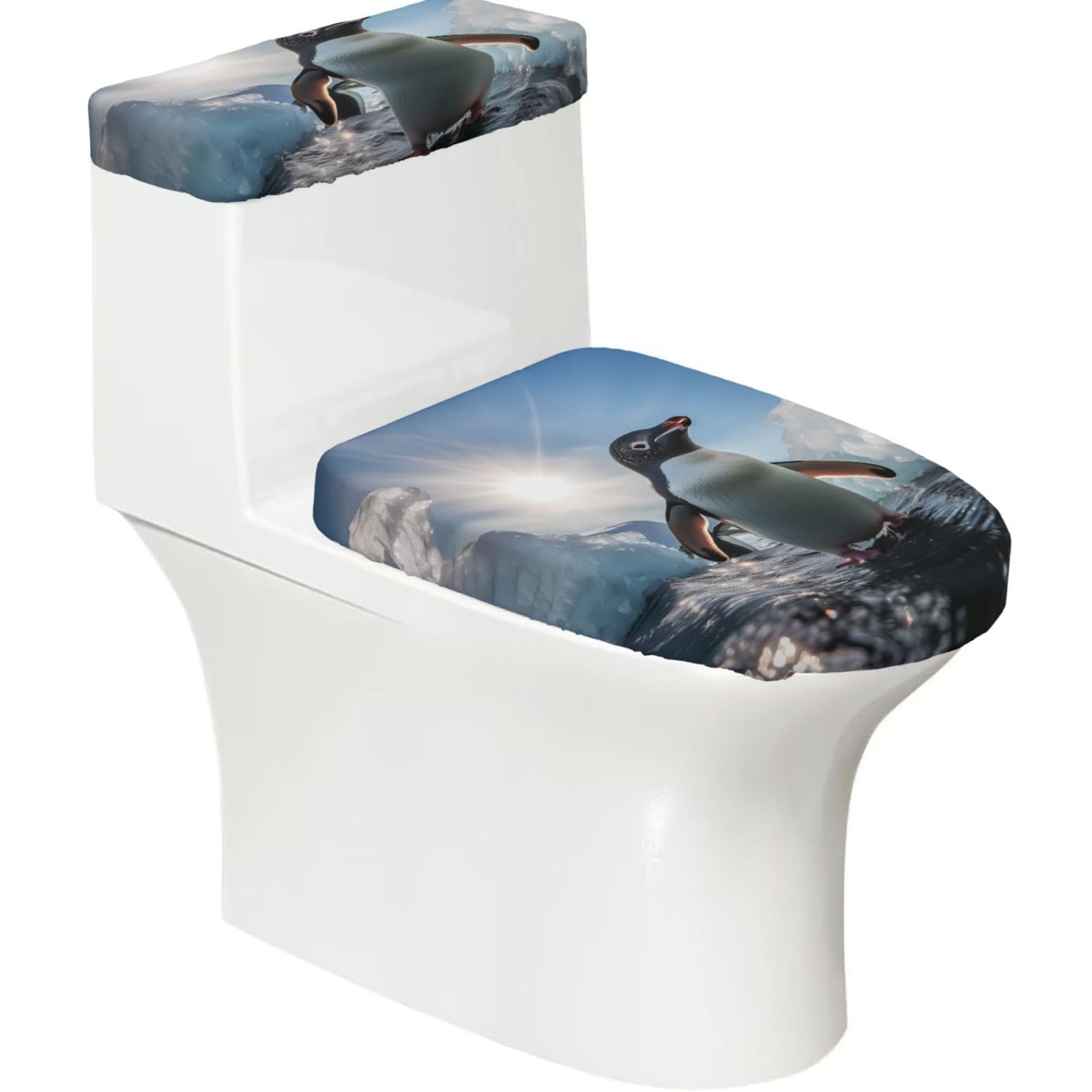 Mrowyc Black Penguin-Watching Printed Toilet Seat Set - Set Of 2 - Universal Toilet Seat Cover - Housewarming Birthday Christmas Gift
