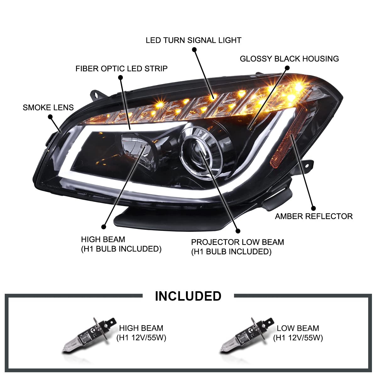 2008 - 2012 Chevy Malibu Projector DRL Headlights - Black/Smoke