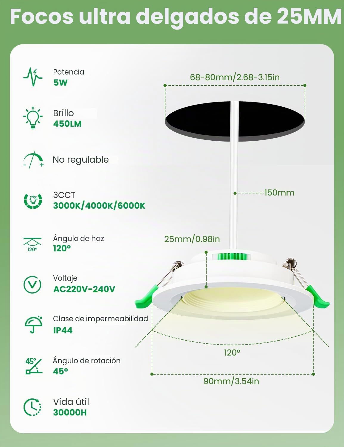 12pcs Downlight LED Techo Empotrable Orientable, 5W 450LM Focos Interior Techo Empotrable Blanco Cálido 3000K Blanca Neutro 4000K Blanco Frío 6000K, IP44 Ojos de Buey LED para Baño, Corte Ф68-80mm