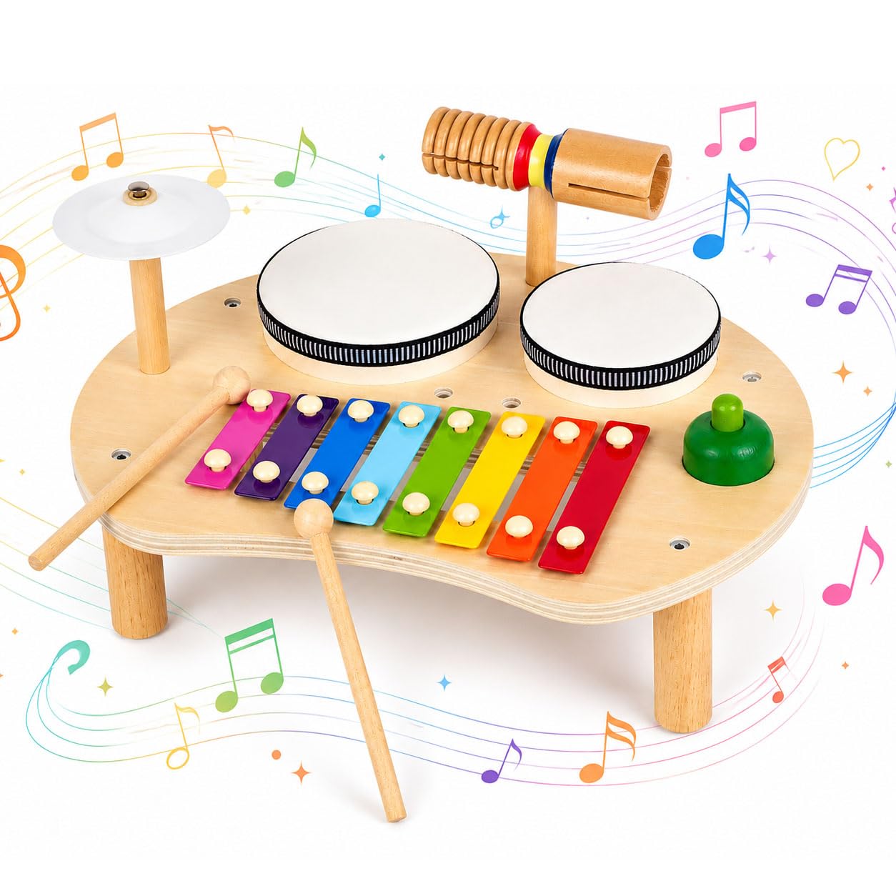 Drewniane instrumenty muzyczne 9 w 1 do zestawu muzycznego z bębnem